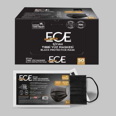 Ece 3 Katlı Tekli Paketlenmiş Siyah Cerrahi Maske Telli 50'li - Ece