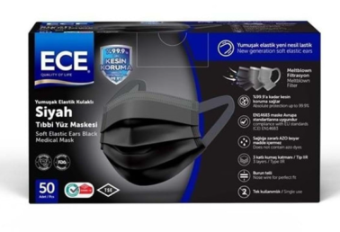 Ece Tıbbi Maske Gövdeden Lastikli Siyah 50'li - Ece
